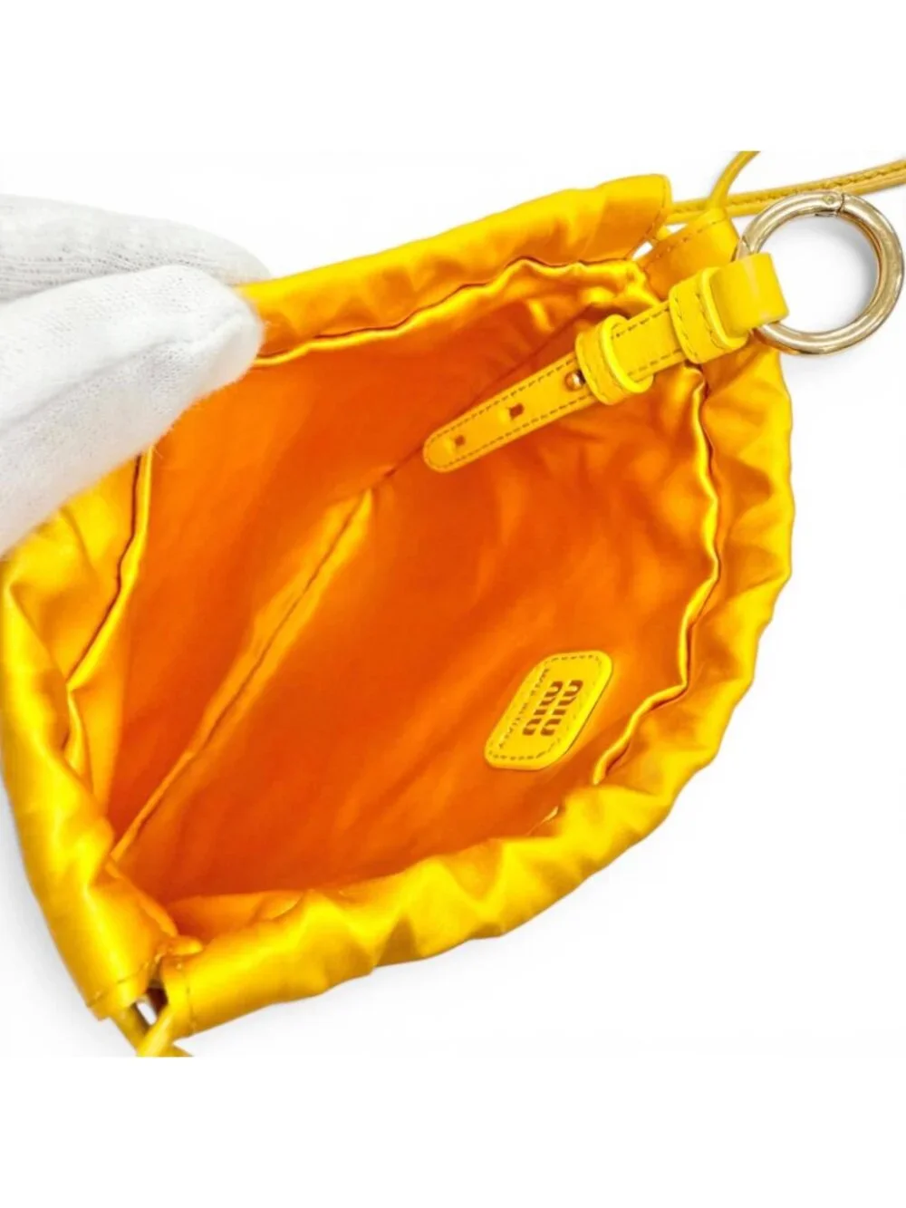Miu Miu Duchess Drawstring Pouch Satin Silk Logo Mini Bag Yellow